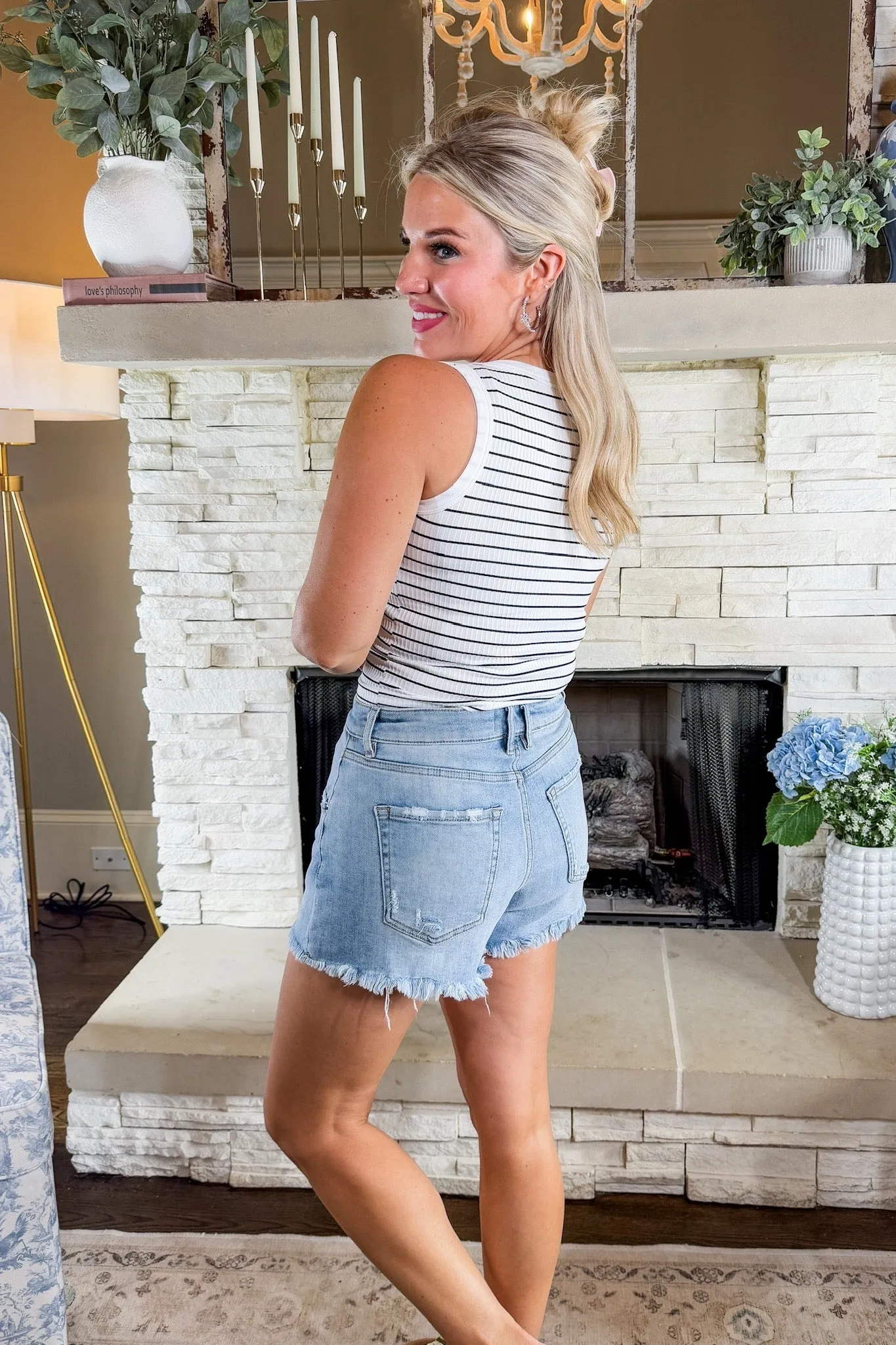Super High Rise Light Wash Distressed Frayed Hem Mica Denim Shorts