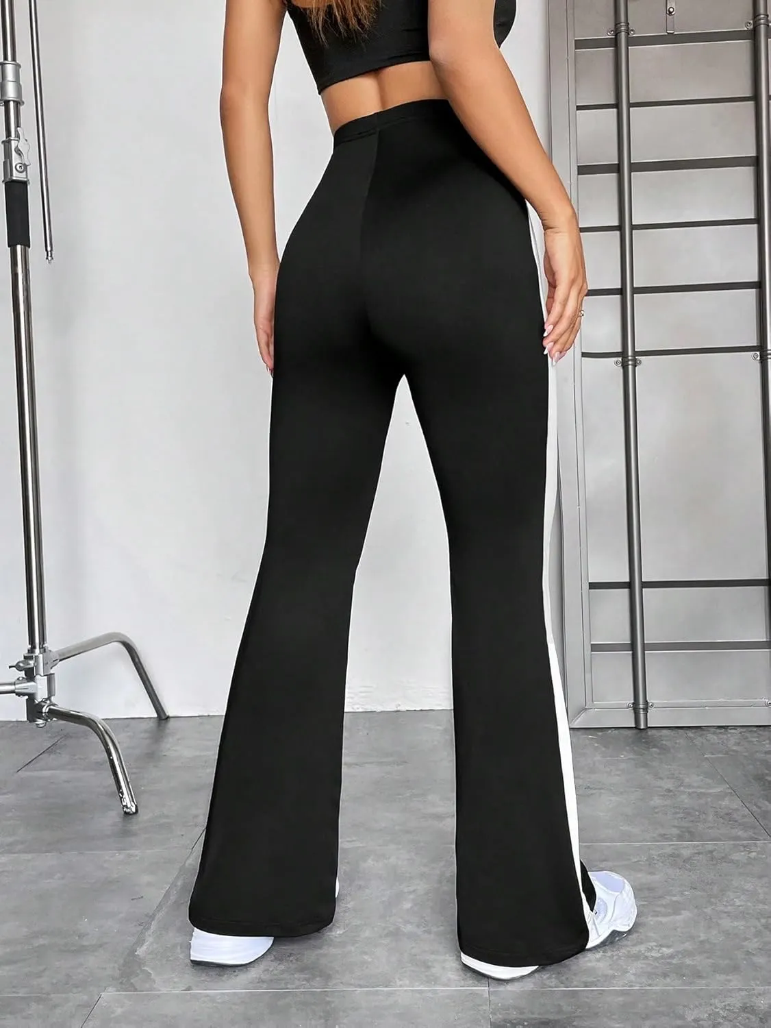 SweatyRocks Women's Elastic High Waist Flare Leg Pants Casual Striped Side Stretchy Trousers