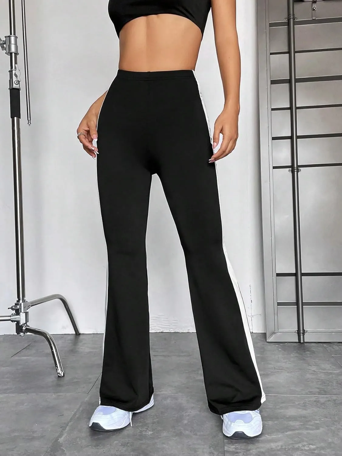 SweatyRocks Women's Elastic High Waist Flare Leg Pants Casual Striped Side Stretchy Trousers