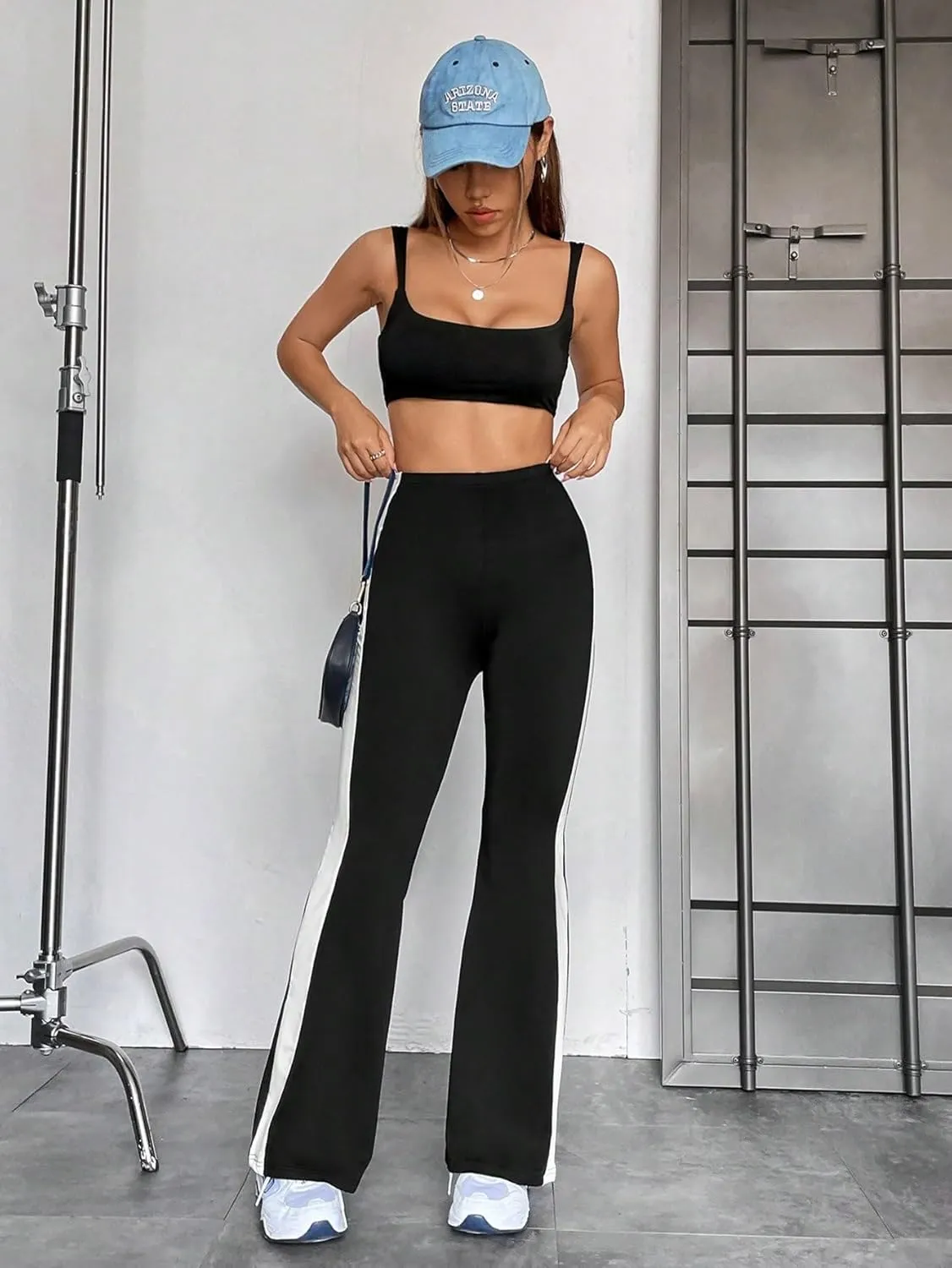 SweatyRocks Women's Elastic High Waist Flare Leg Pants Casual Striped Side Stretchy Trousers