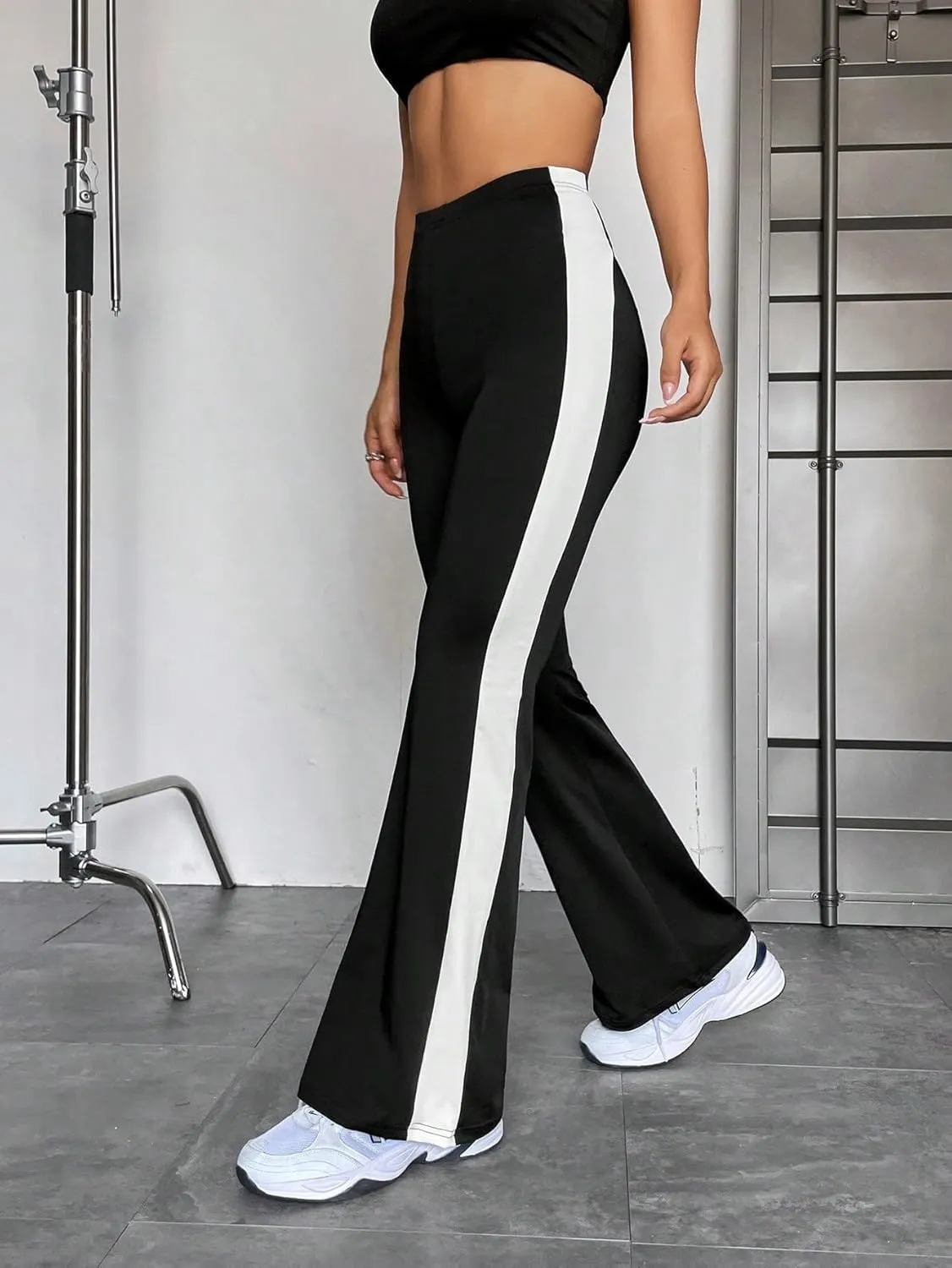 SweatyRocks Women's Elastic High Waist Flare Leg Pants Casual Striped Side Stretchy Trousers