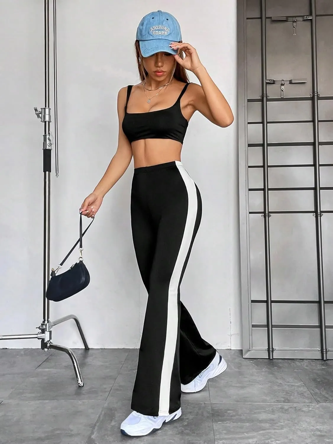 SweatyRocks Women's Elastic High Waist Flare Leg Pants Casual Striped Side Stretchy Trousers