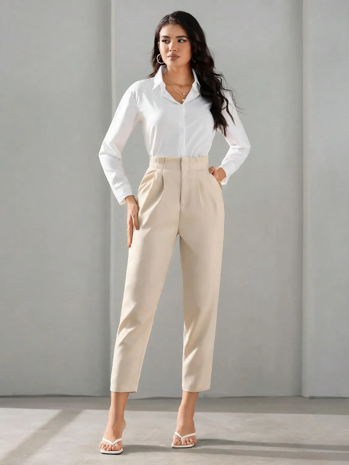 SweatyRocks Women's High Waist Pleated Zipper Cropped Pants Elegant Solid Pockets Office Trousers Workwear