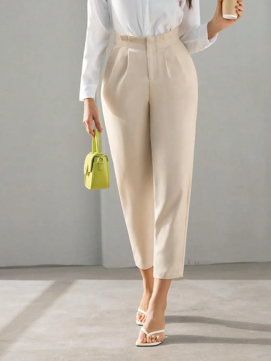 SweatyRocks Women's High Waist Pleated Zipper Cropped Pants Elegant Solid Pockets Office Trousers Workwear