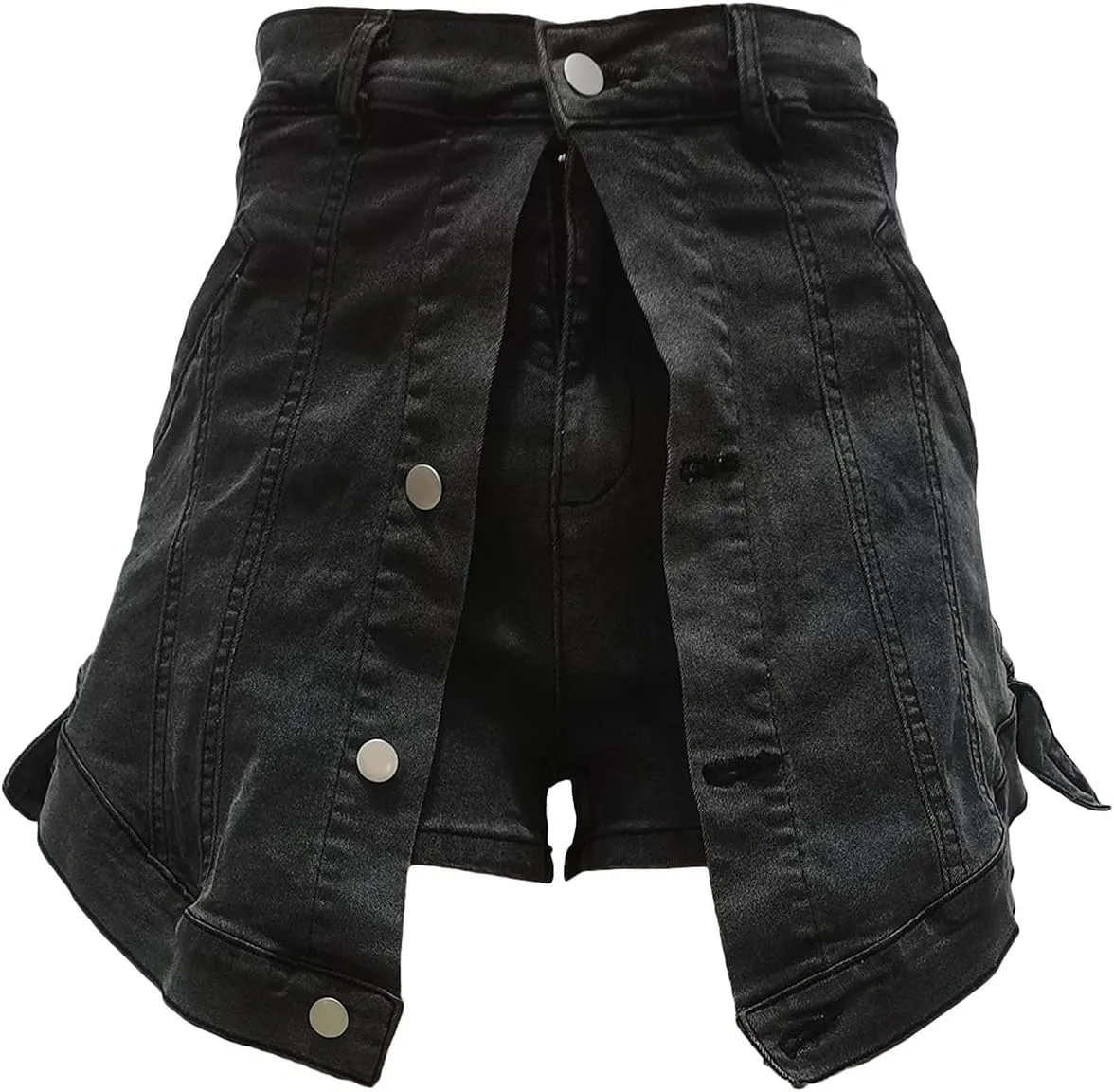 Tcremisa Women Stretchy Denim Shorts Button Fake Two-Piece High Waist Denim Short Skirts