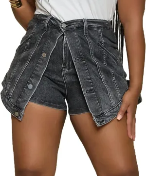 Tcremisa Women Stretchy Denim Shorts Button Fake Two-Piece High Waist Denim Short Skirts