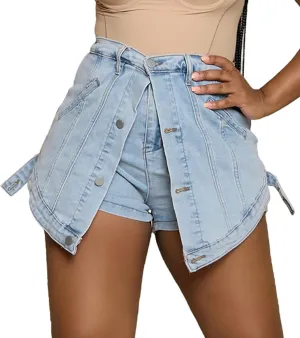 Tcremisa Women Stretchy Denim Shorts Button Fake Two-Piece High Waist Denim Short Skirts
