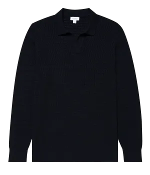 Textured Cotton Polo in Navy