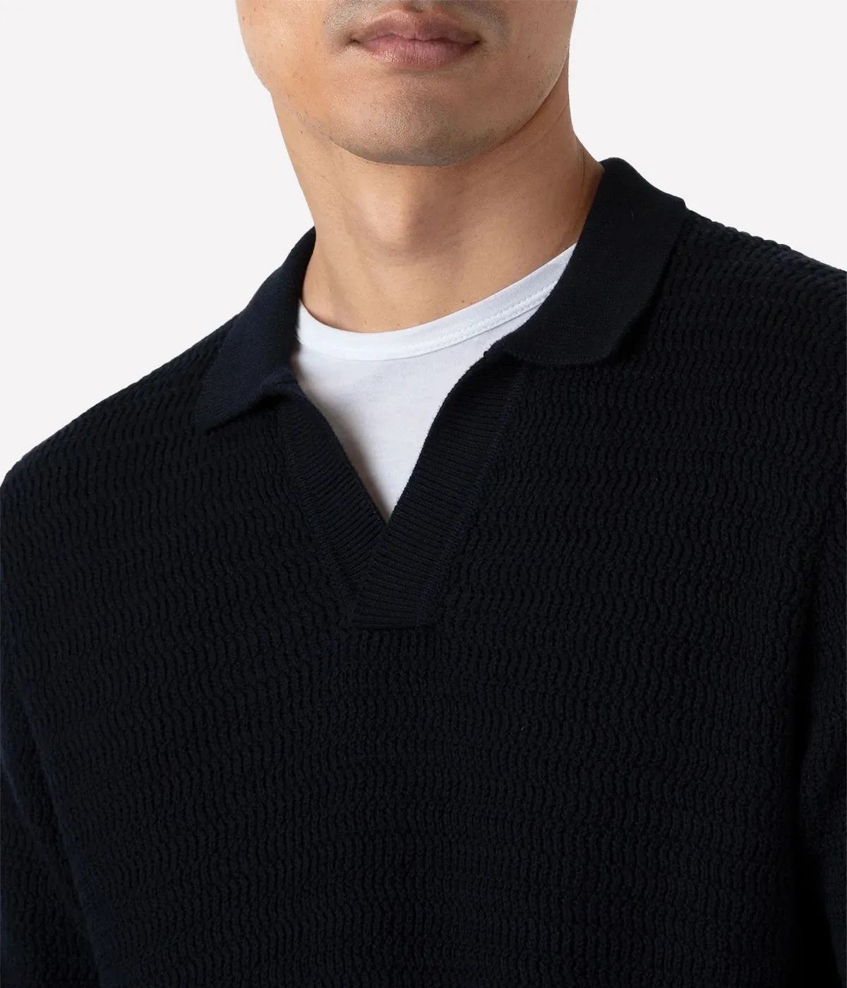 Textured Cotton Polo in Navy