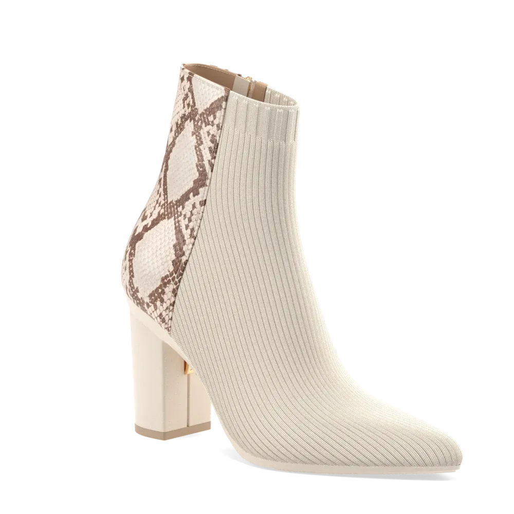 The Bootie - Ivory Snakeskin & Knit 4 Block