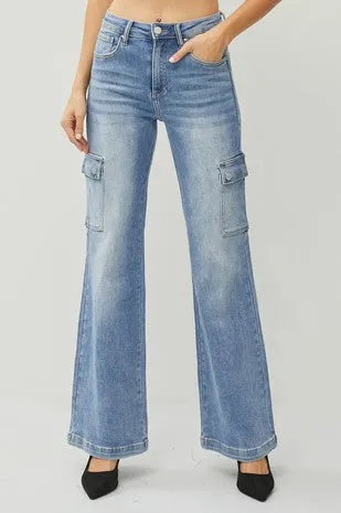 Tinsley High Waisted Wide Leg Cargo Jeans- Medium Wash