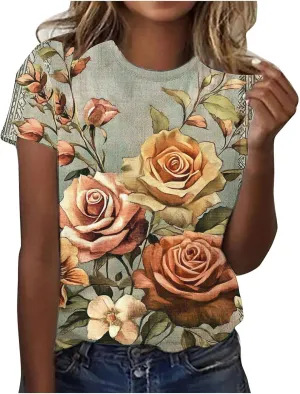 Tops for Women Summer Trendy Vintage Floral Print Short Sleeve T-Shirt Casual Loose Lightweight Pullover Blouses