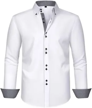 TopTie Men Button Down Shirt Long Sleeve Color-Blocked Wrinkle-Resistant Slim Fit Business Casual Dress