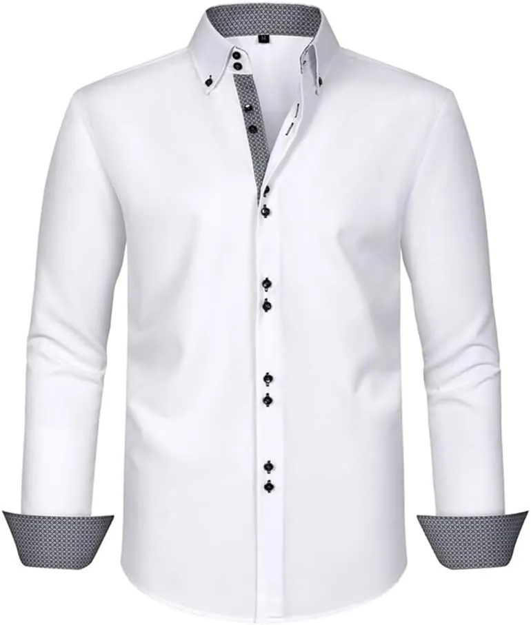 TopTie Men Button Down Shirt Long Sleeve Color-Blocked Wrinkle-Resistant Slim Fit Business Casual Dress