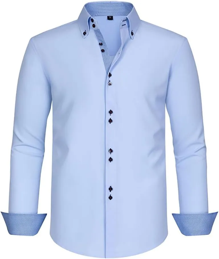 TopTie Men Button Down Shirt Long Sleeve Color-Blocked Wrinkle-Resistant Slim Fit Business Casual Dress