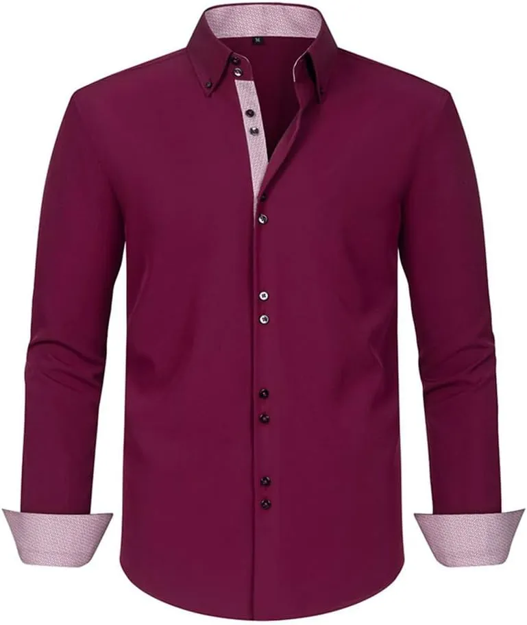TopTie Men Button Down Shirt Long Sleeve Color-Blocked Wrinkle-Resistant Slim Fit Business Casual Dress