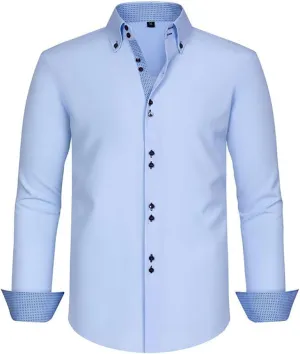 TopTie Men Button Down Shirt Long Sleeve Color-Blocked Wrinkle-Resistant Slim Fit Business Casual Dress
