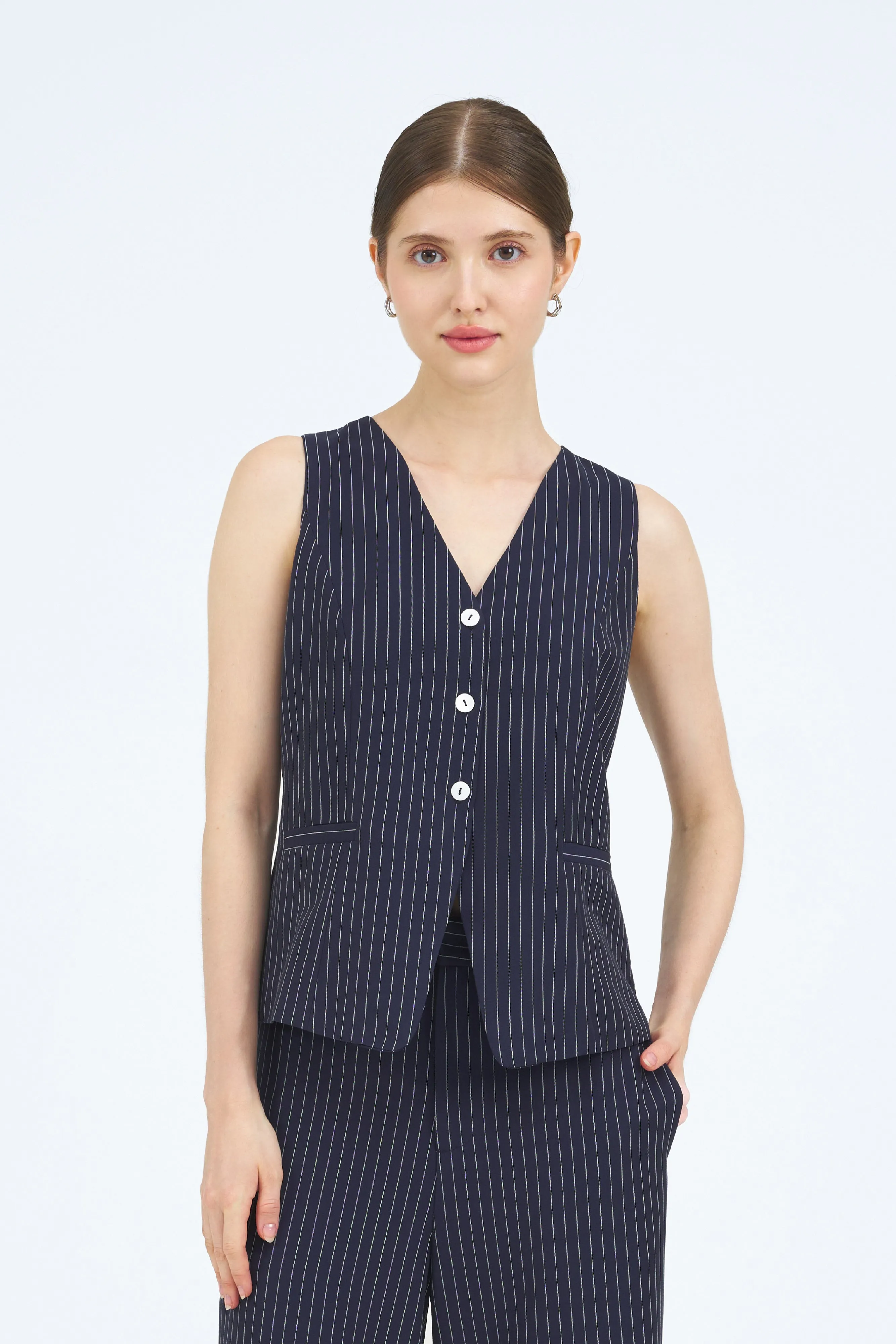 Una Striped V-Neck Tailored Vest