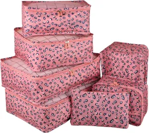Vercord 7 Set Travel Packing Organizers Cubes Luggage Suitcase Organizer Bags Clothes Underwear Cube Shoe Pouch Pack Pink Leopard