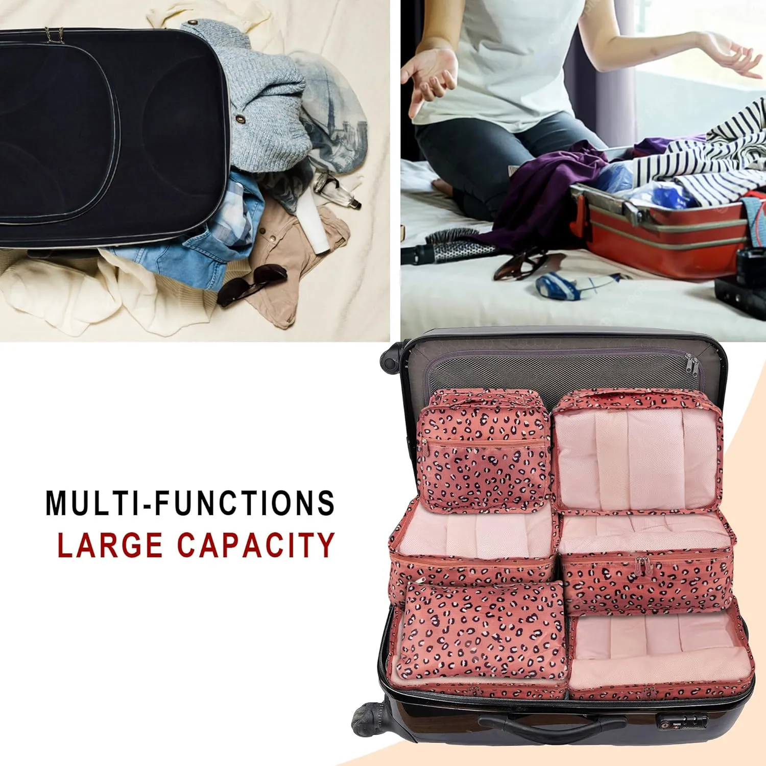 Vercord 7 Set Travel Packing Organizers Cubes Luggage Suitcase Organizer Bags Clothes Underwear Cube Shoe Pouch Pack Pink Leopard