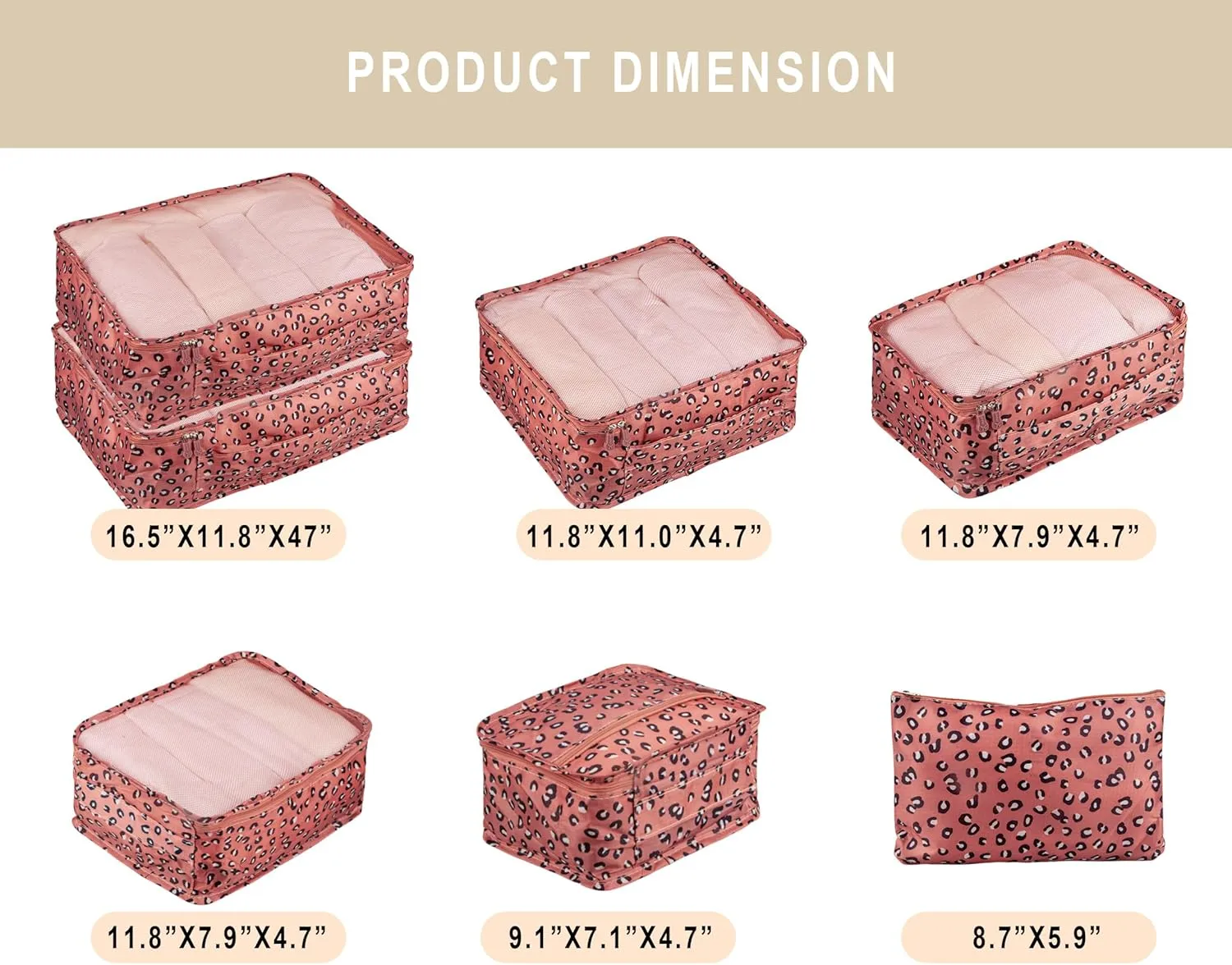 Vercord 7 Set Travel Packing Organizers Cubes Luggage Suitcase Organizer Bags Clothes Underwear Cube Shoe Pouch Pack Pink Leopard