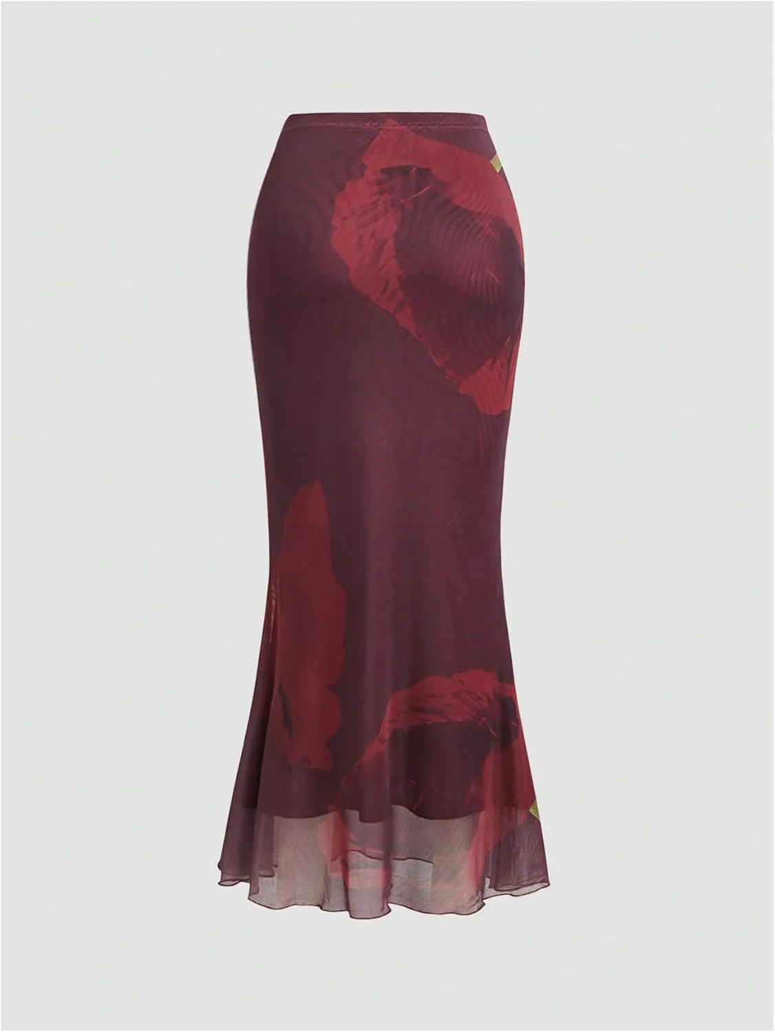 Verdusa Women's Floral Fishtail Elegant Skirt Lettuce Trim Mesh Maxi Skirts