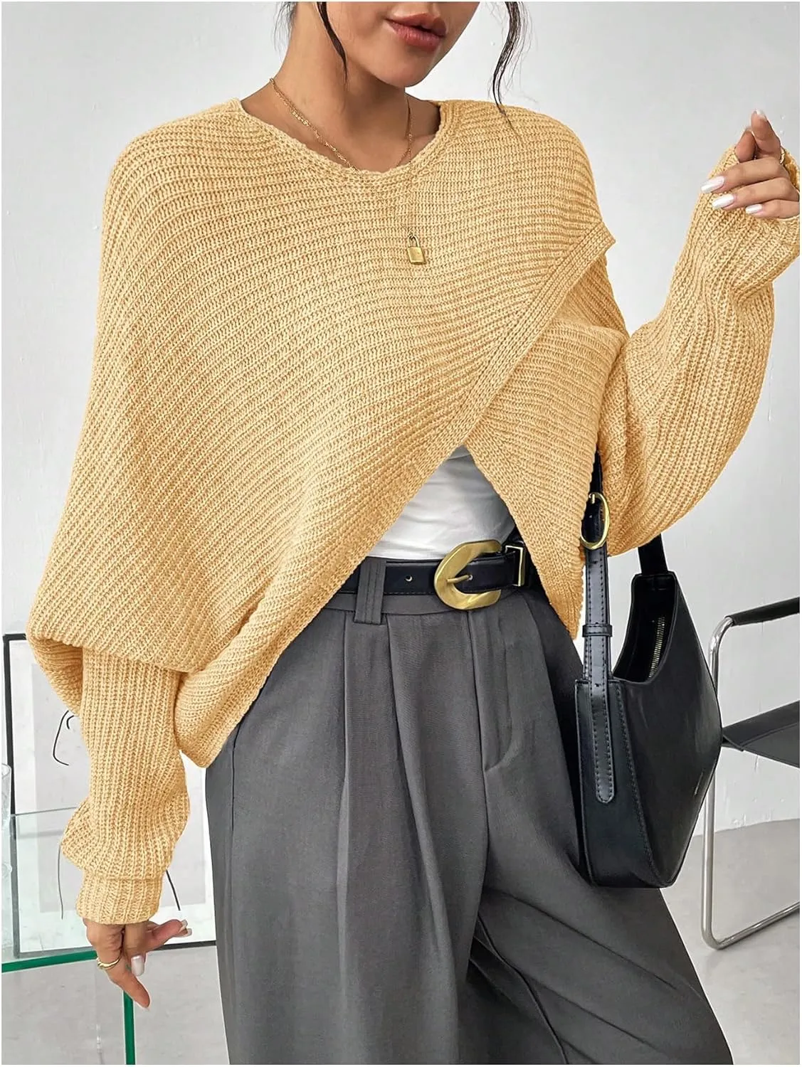 Verdusa Women's Lightweight Asymmetrical Criss Cross Crop Sweater Top Puff Sleeve Boat Neck Sweaters Coat