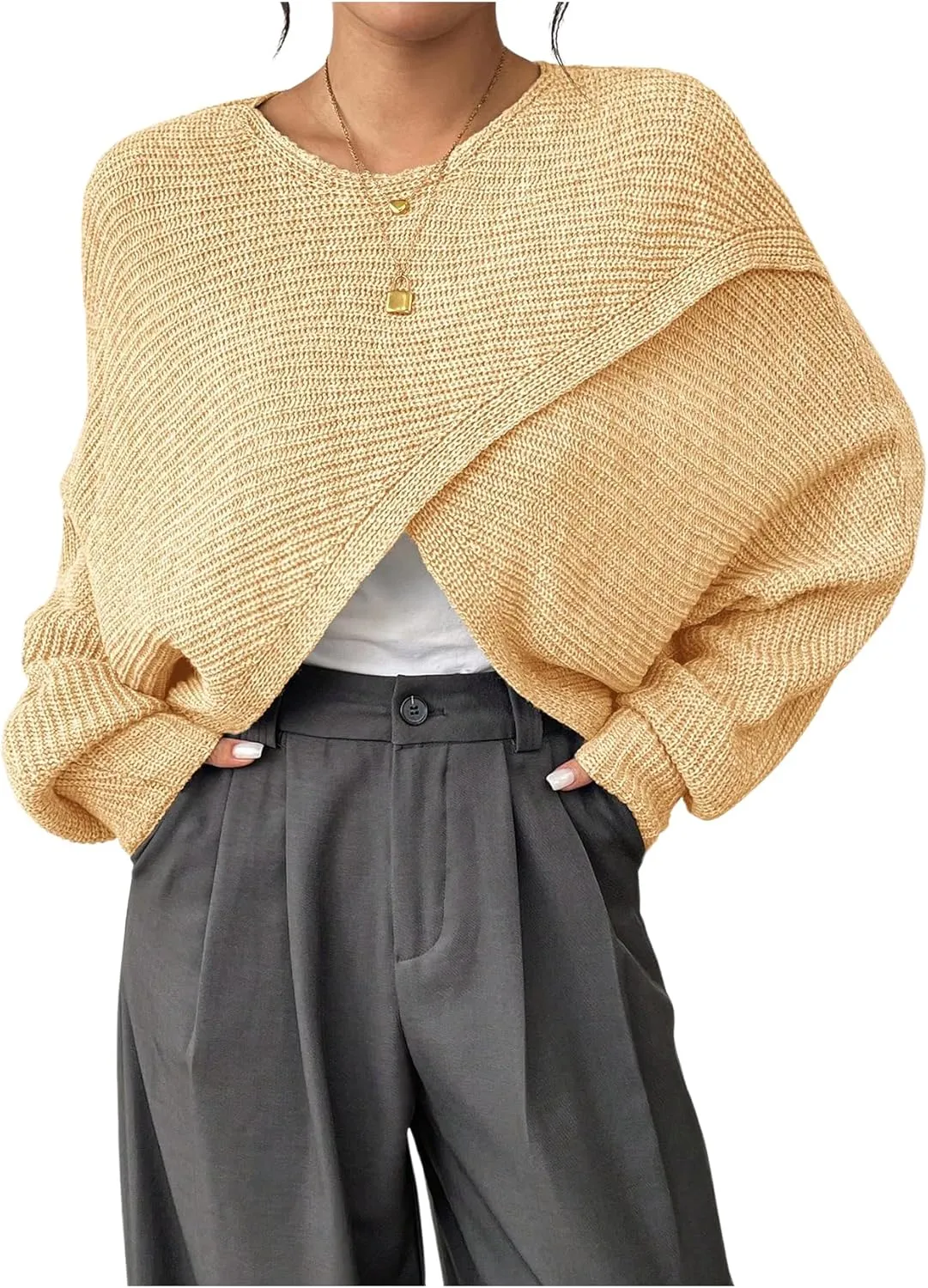 Verdusa Women's Lightweight Asymmetrical Criss Cross Crop Sweater Top Puff Sleeve Boat Neck Sweaters Coat