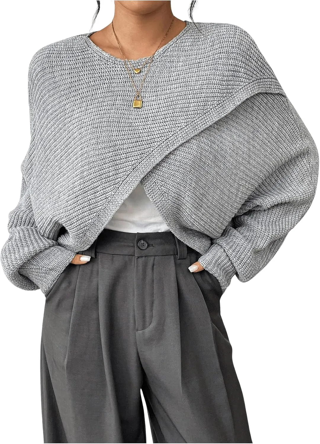 Verdusa Women's Lightweight Asymmetrical Criss Cross Crop Sweater Top Puff Sleeve Boat Neck Sweaters Coat