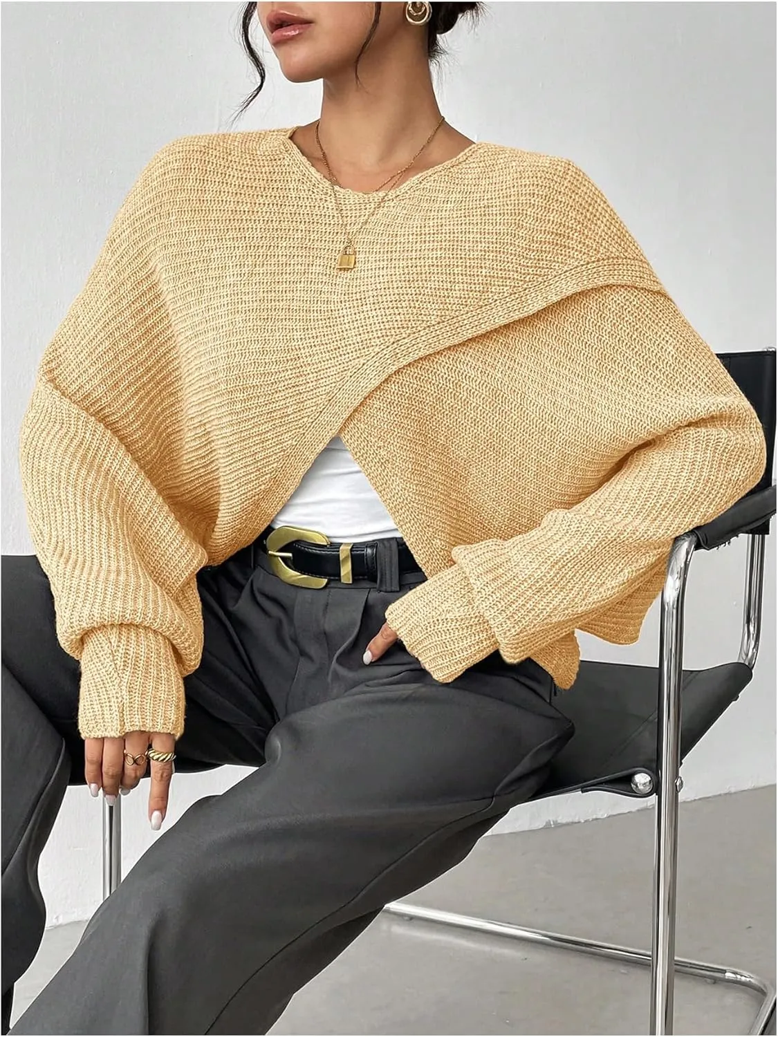 Verdusa Women's Lightweight Asymmetrical Criss Cross Crop Sweater Top Puff Sleeve Boat Neck Sweaters Coat