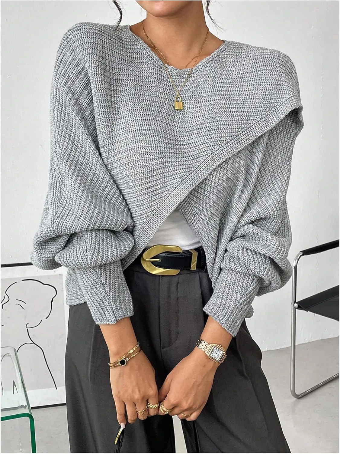 Verdusa Women's Lightweight Asymmetrical Criss Cross Crop Sweater Top Puff Sleeve Boat Neck Sweaters Coat