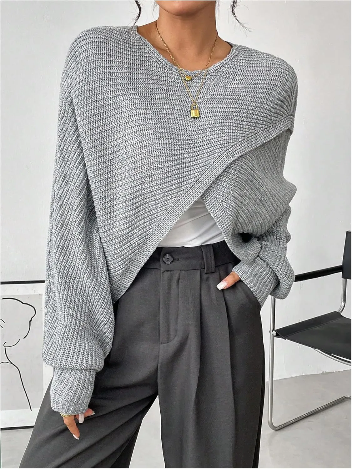 Verdusa Women's Lightweight Asymmetrical Criss Cross Crop Sweater Top Puff Sleeve Boat Neck Sweaters Coat
