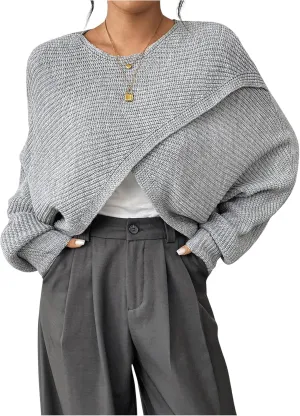 Verdusa Women's Lightweight Asymmetrical Criss Cross Crop Sweater Top Puff Sleeve Boat Neck Sweaters Coat