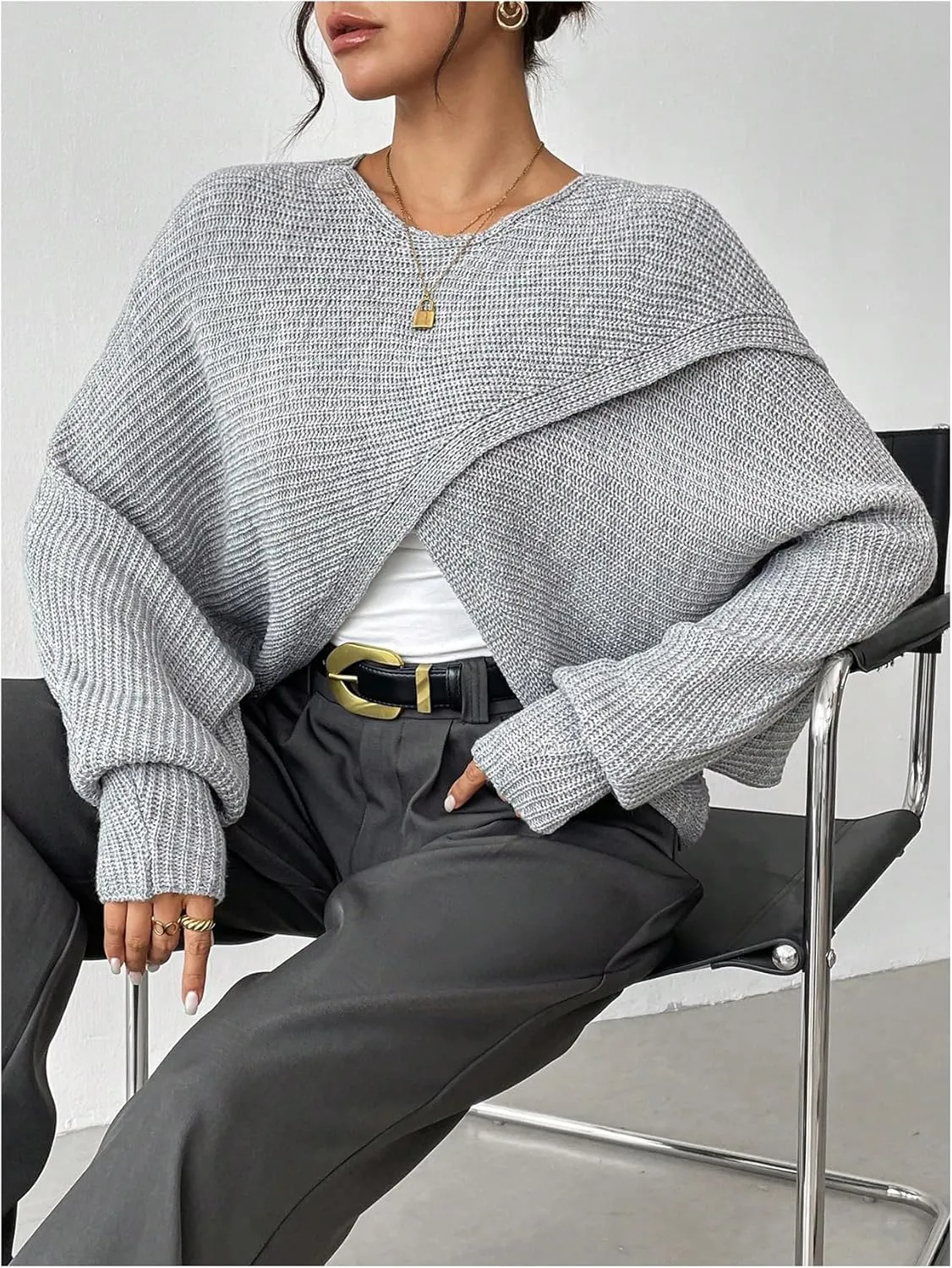 Verdusa Women's Lightweight Asymmetrical Criss Cross Crop Sweater Top Puff Sleeve Boat Neck Sweaters Coat