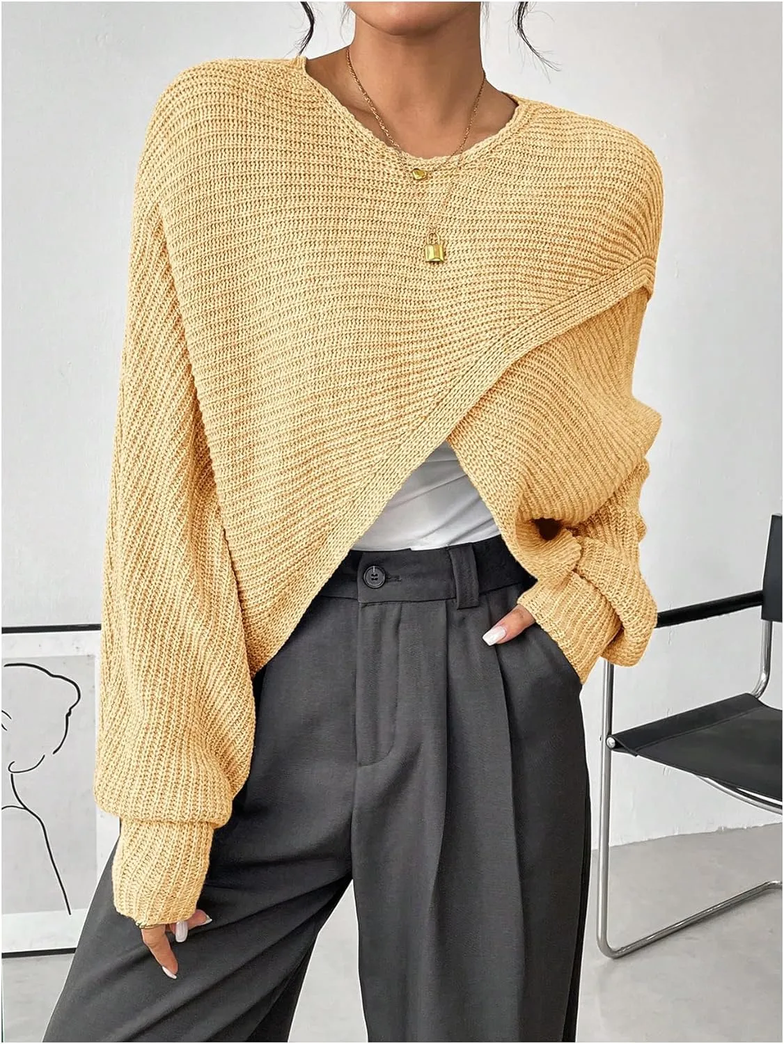 Verdusa Women's Lightweight Asymmetrical Criss Cross Crop Sweater Top Puff Sleeve Boat Neck Sweaters Coat