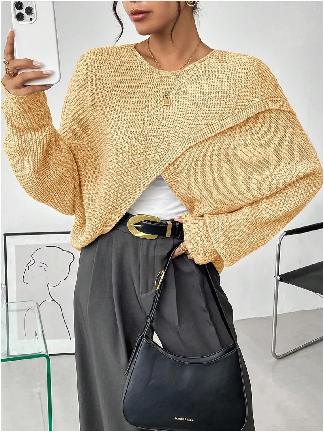 Verdusa Women's Lightweight Asymmetrical Criss Cross Crop Sweater Top Puff Sleeve Boat Neck Sweaters Coat