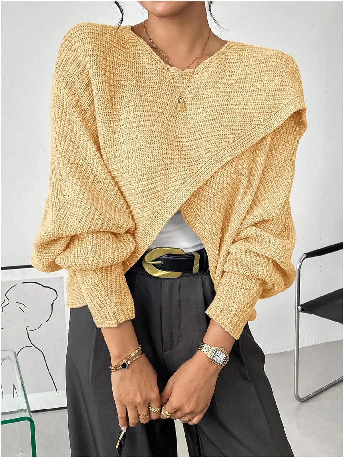 Verdusa Women's Lightweight Asymmetrical Criss Cross Crop Sweater Top Puff Sleeve Boat Neck Sweaters Coat