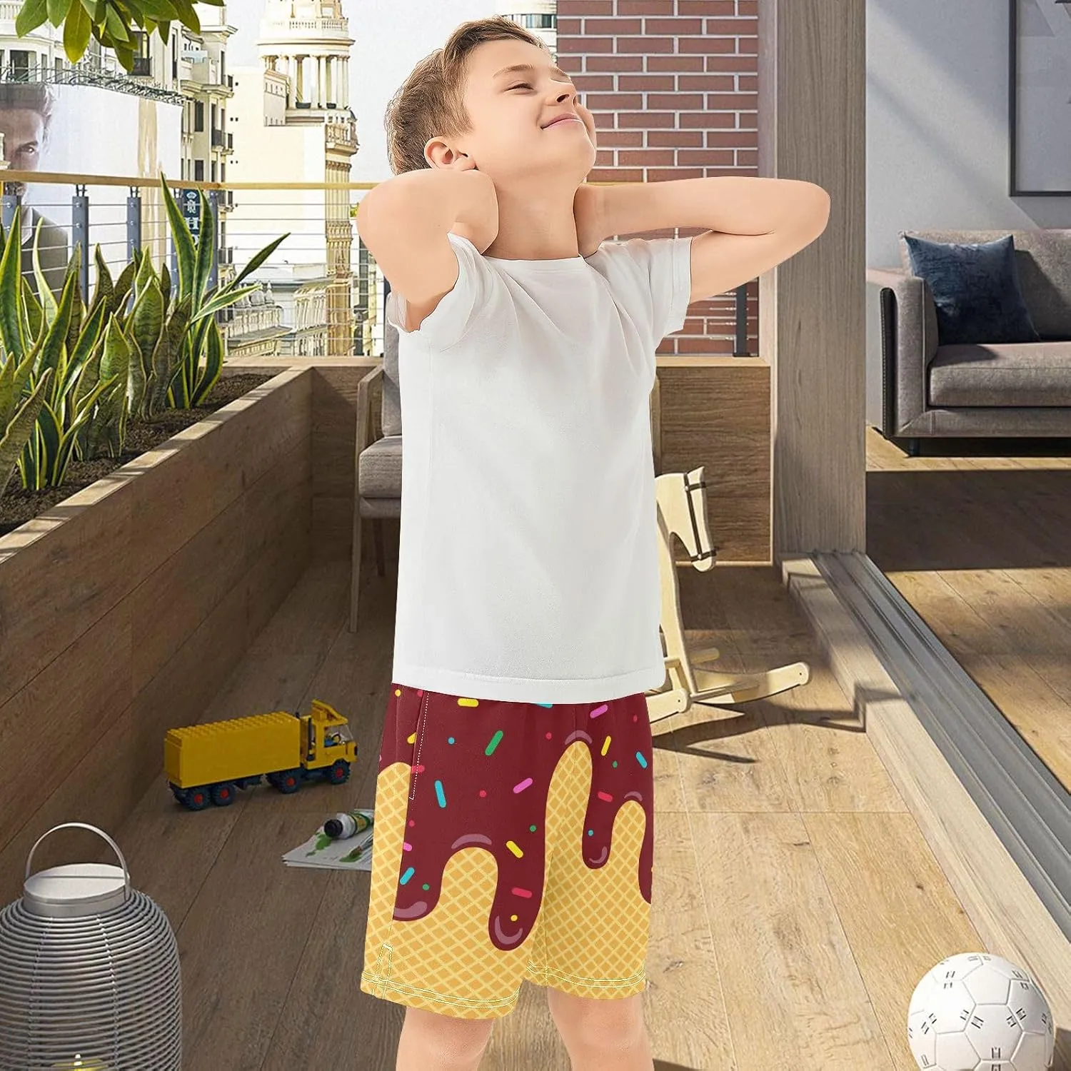 VIGTRO Ice Cream Boys Casual Shorts Athletic Gym Shorts Elastic Waist with Pockets, Summer Sports Outdoor Homewear Kids 7-15Y