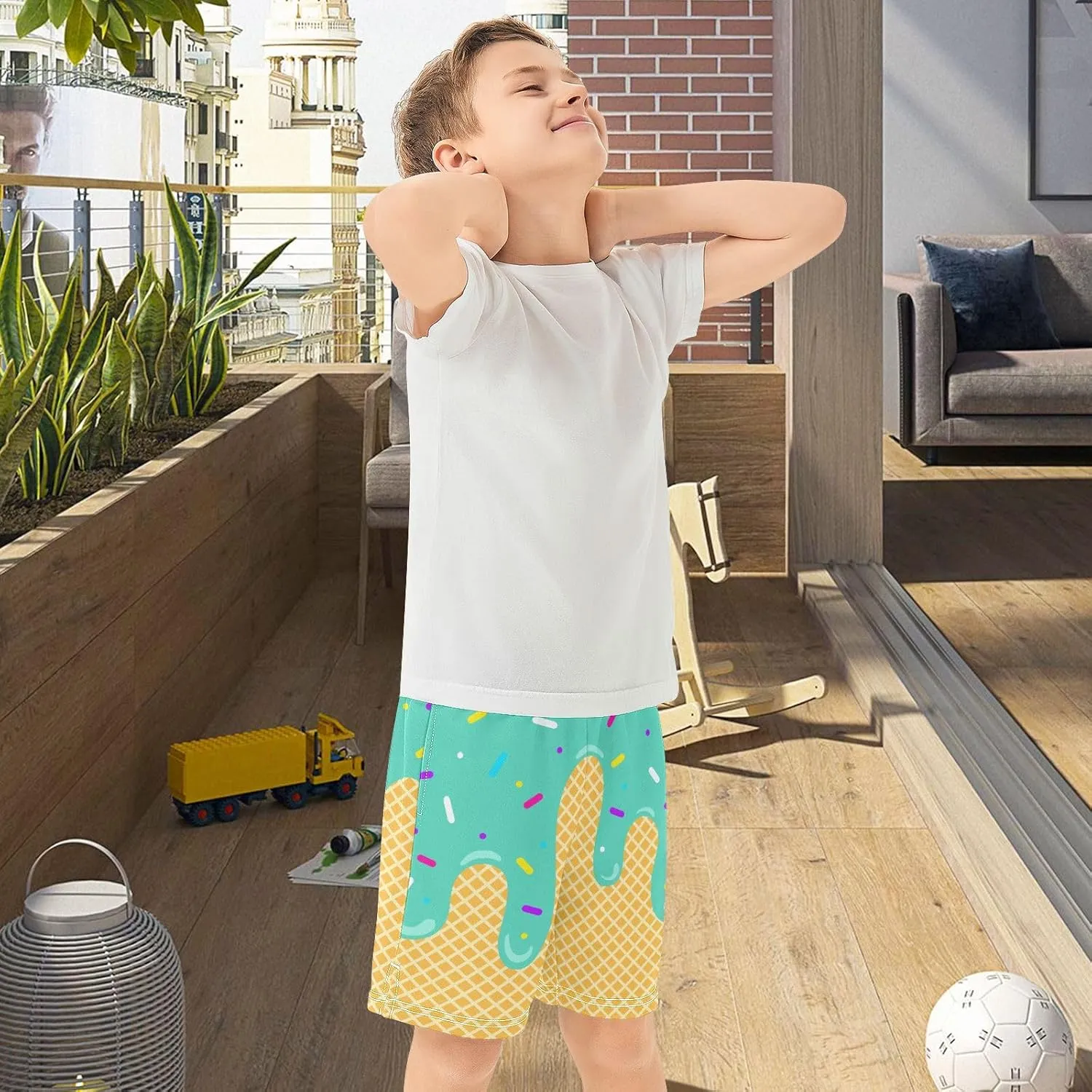 VIGTRO Ice Cream Boys Casual Shorts Athletic Gym Shorts Elastic Waist with Pockets, Summer Sports Outdoor Homewear Kids 7-15Y