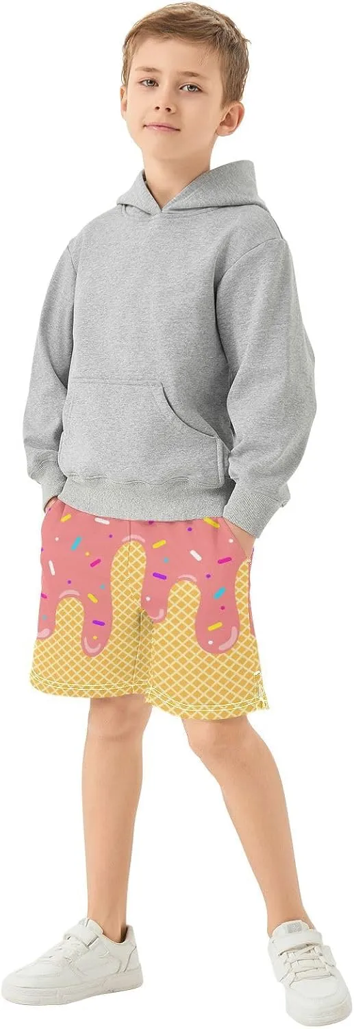 VIGTRO Ice Cream Boys Casual Shorts Athletic Gym Shorts Elastic Waist with Pockets, Summer Sports Outdoor Homewear Kids 7-15Y