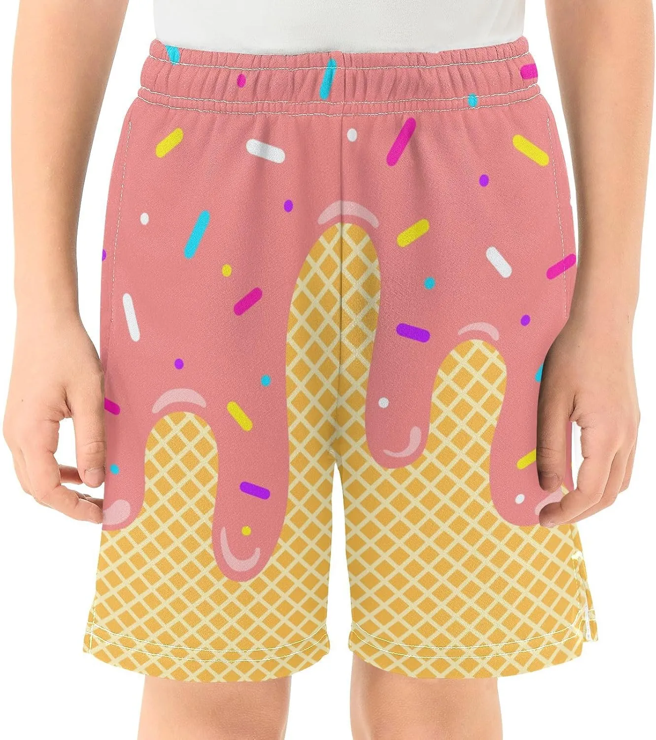 VIGTRO Ice Cream Boys Casual Shorts Athletic Gym Shorts Elastic Waist with Pockets, Summer Sports Outdoor Homewear Kids 7-15Y