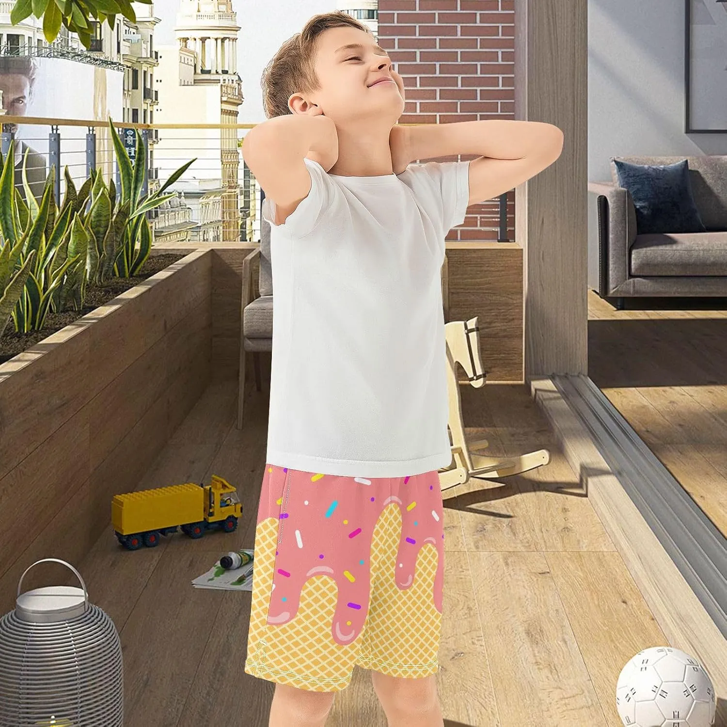 VIGTRO Ice Cream Boys Casual Shorts Athletic Gym Shorts Elastic Waist with Pockets, Summer Sports Outdoor Homewear Kids 7-15Y
