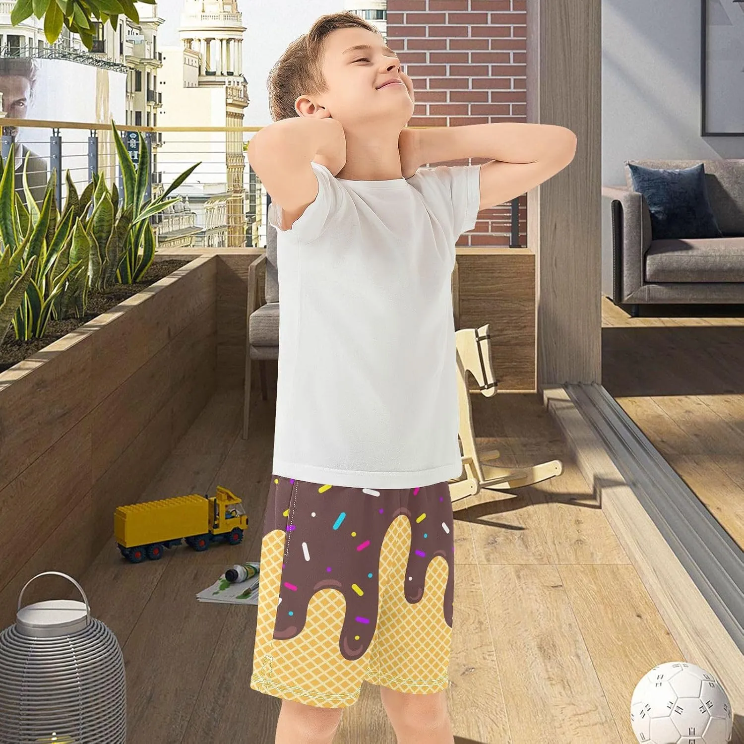 VIGTRO Ice Cream Boys Casual Shorts Athletic Gym Shorts Elastic Waist with Pockets, Summer Sports Outdoor Homewear Kids 7-15Y