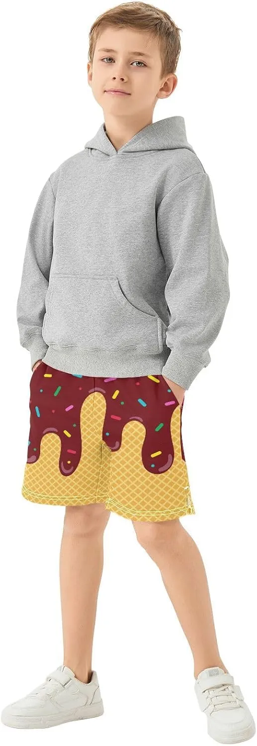 VIGTRO Ice Cream Boys Casual Shorts Athletic Gym Shorts Elastic Waist with Pockets, Summer Sports Outdoor Homewear Kids 7-15Y