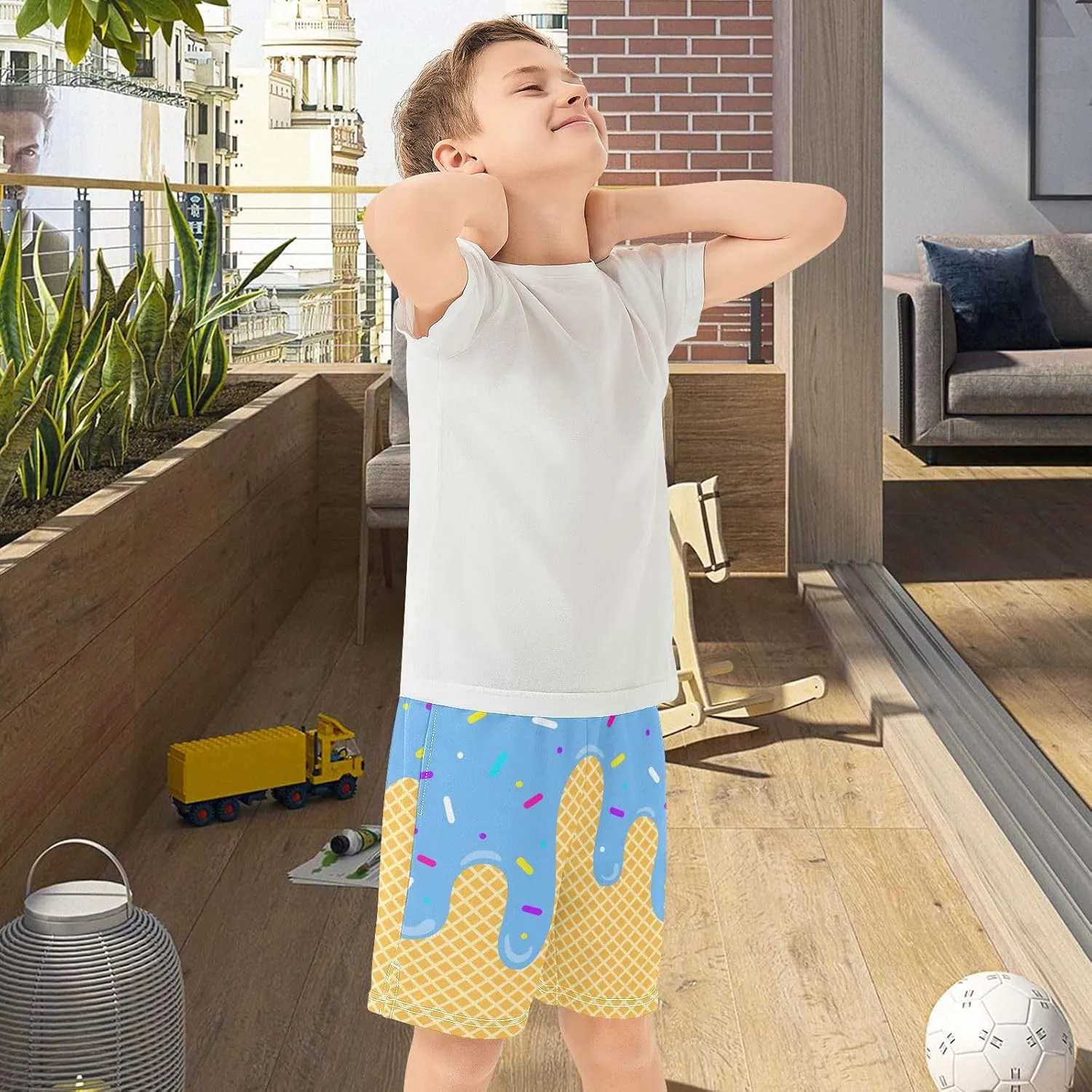 VIGTRO Ice Cream Boys Casual Shorts Athletic Gym Shorts Elastic Waist with Pockets, Summer Sports Outdoor Homewear Kids 7-15Y