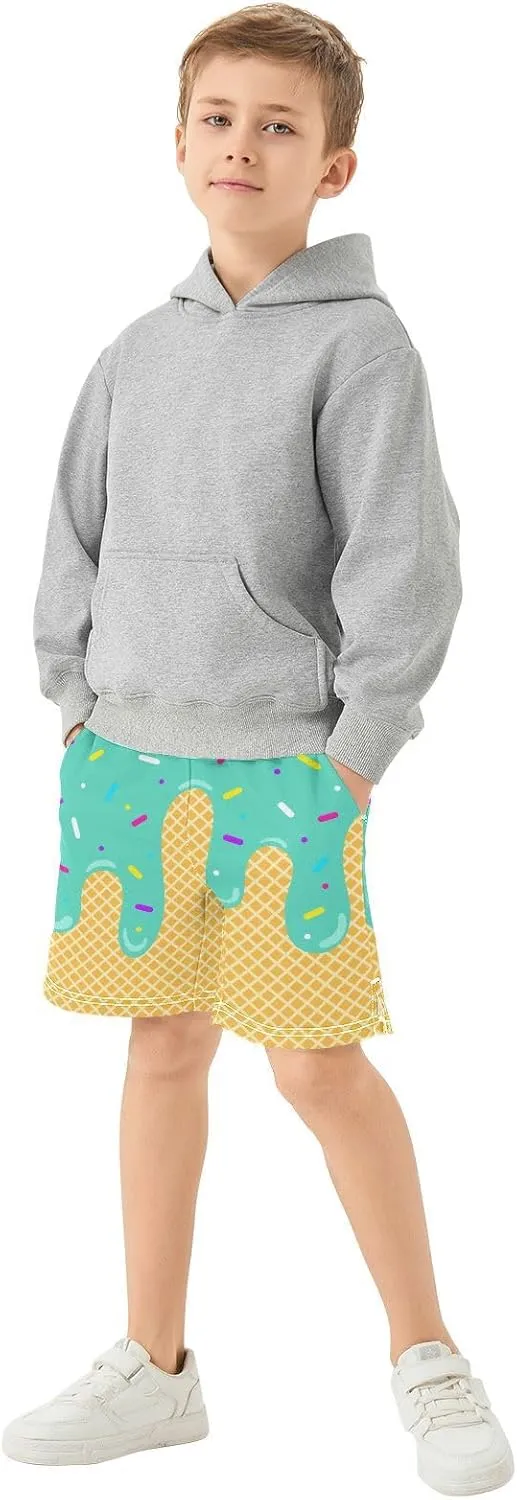 VIGTRO Ice Cream Boys Casual Shorts Athletic Gym Shorts Elastic Waist with Pockets, Summer Sports Outdoor Homewear Kids 7-15Y
