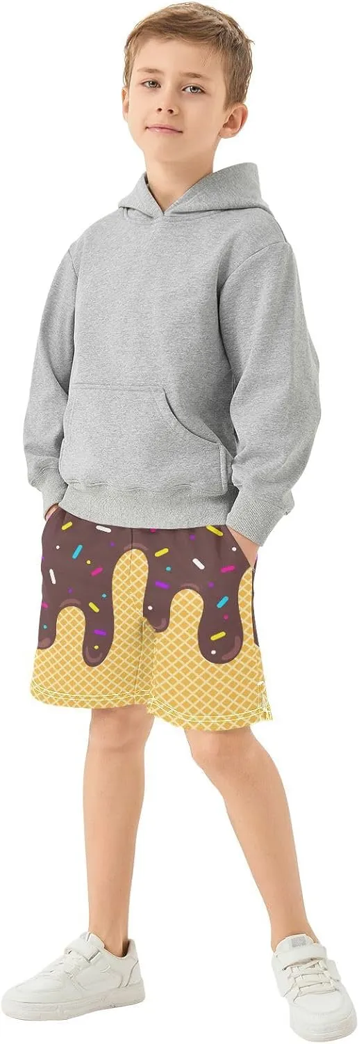 VIGTRO Ice Cream Boys Casual Shorts Athletic Gym Shorts Elastic Waist with Pockets, Summer Sports Outdoor Homewear Kids 7-15Y