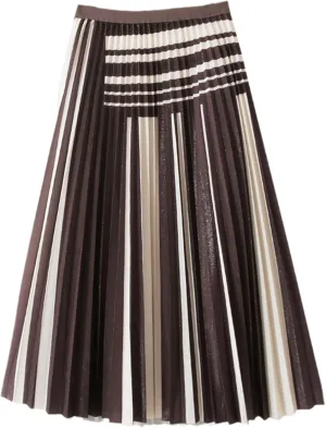 Vintage Striped Midi Long Skirt for Women Autumn Casual Elegant A Line High Waist Pleated Mid-Length Skirt