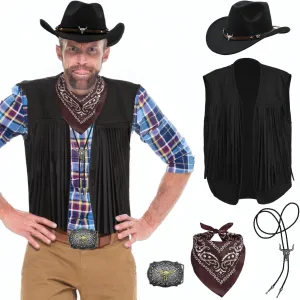 Western Cowboy Outfit Set for Men - Leather Vest with Tassels, Hat, Belt, Bandana, Necklace