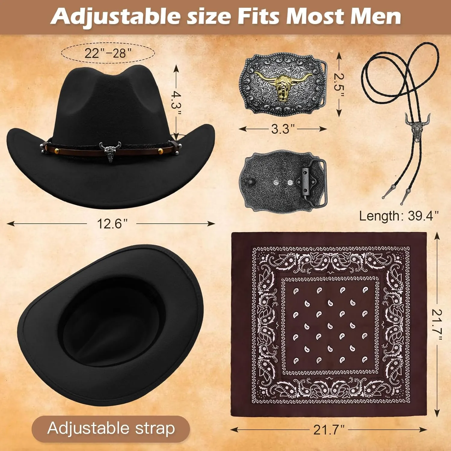 Western Cowboy Outfit Set for Men - Leather Vest with Tassels, Hat, Belt, Bandana, Necklace